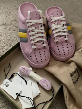Gucci Pink Ace Rubber Mules with Yellow & Gray Stripes